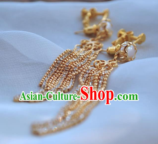 Chinese Traditional Hanfu Golden Tassel Earrings Ancient Princess Pearl Ear Accessories Chinese Traditional Hanfu Golden Tassel Earrings Ancient Princess Pearl Ear Accessories