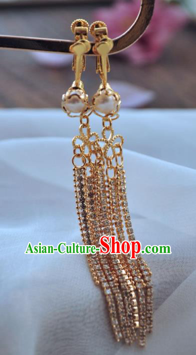 Chinese Traditional Hanfu Golden Tassel Earrings Ancient Princess Pearl Ear Accessories Chinese Traditional Hanfu Golden Tassel Earrings Ancient Princess Pearl Ear Accessories