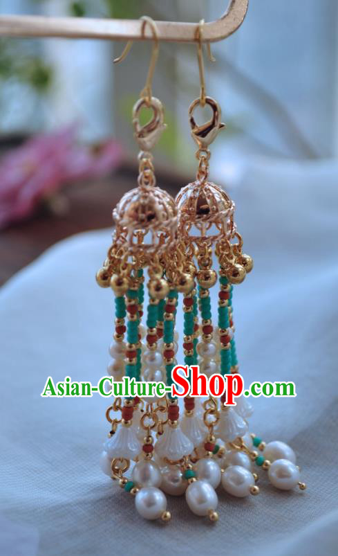 Chinese Traditional Hanfu Golden Earrings Ancient Princess Pearls Tassel Ear Accessories Chinese Traditional Hanfu Golden Earrings Ancient Princess Pearls Tassel Ear Accessories