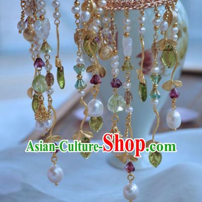 China Handmade Hanfu Pearls Tassel Hairpin Traditional Ancient Tang Dynasty Princess Golden Hair Stick