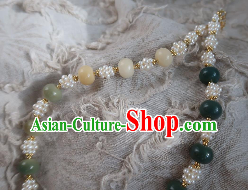 Handmade Chinese Ming Dynasty Pearls Necklet Accessories Traditional Hanfu Jade Beads Necklace Handmade Chinese Ming Dynasty Pearls Necklet Accessories Traditional Hanfu Jade Beads Necklace