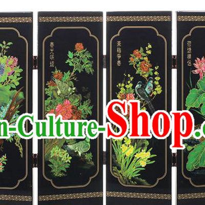 Chinese Traditional Flowers Birds Painting Folding Screen Handmade Lacquerware Black Table Screen