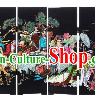 Chinese Handmade Lacquerware Black Table Screen Traditional Eight Immortals Drunkened Painting Folding Screen