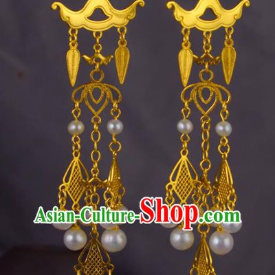 Chinese Traditional Tang Dynasty Pearls Tassel Earrings Ancient Court Woman Golden Ear Accessories