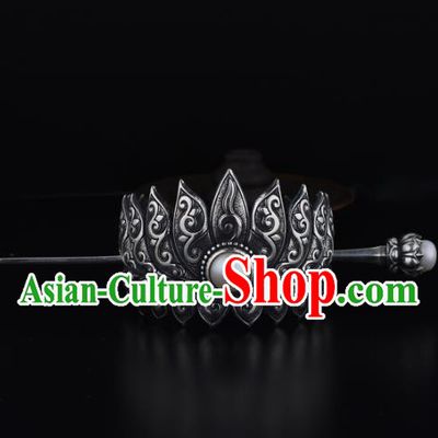 China Ancient Swordsman Pearl Hairpin Handmade Traditional Ming Dynasty Prince Argent Lotus Hair Crown