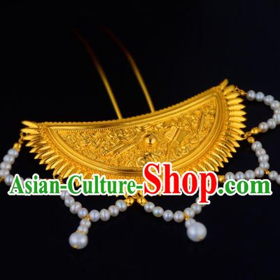China Ancient Royal Empress Pearls Tassel Hairpin Handmade Traditional Ming Dynasty Noble Woman Hair Stick