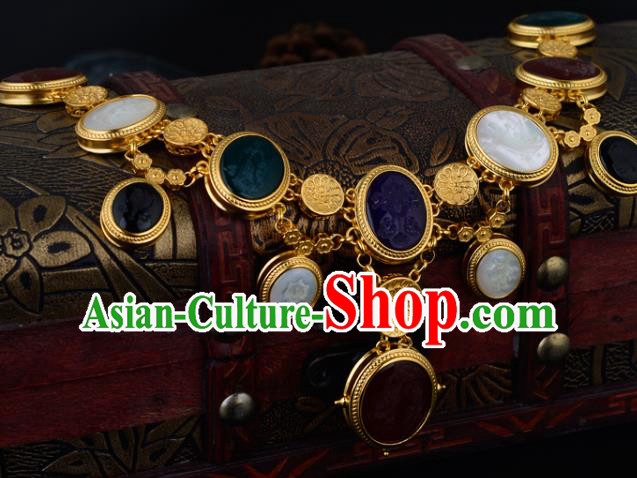 Chinese Ancient Princess Golden Necklace Traditional Sui Dynasty Gems Necklet Jewelry Chinese Ancient Princess Golden Necklace Traditional Sui Dynasty Gems Necklet Jewelry