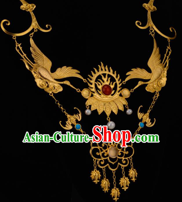 Chinese Ancient Princess Golden Crane Necklace Jewelry Traditional Ming Dynasty Necklet Chinese Ancient Princess Golden Crane Necklace Jewelry Traditional Ming Dynasty Necklet