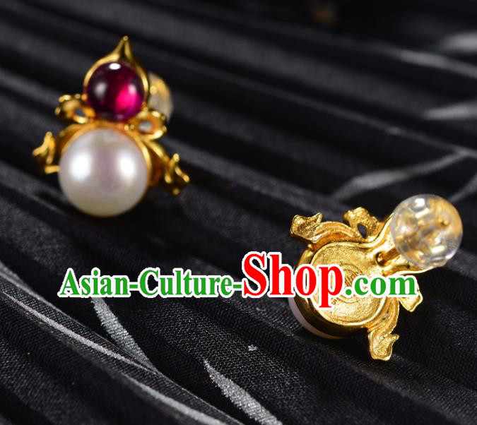 Chinese Traditional Qing Dynasty Court Pearl Earrings Ancient Empress Golden Gourd Ear Accessories Chinese Traditional Qing Dynasty Court Pearl Earrings Ancient Empress Golden Gourd Ear Accessories