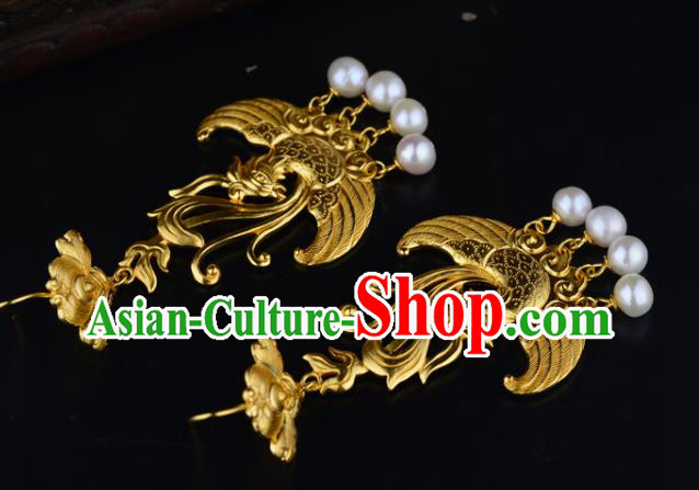 Chinese Traditional Tang Dynasty Pearls Tassel Earrings Ancient Queen Golden Phoenix Ear Accessories Chinese Traditional Tang Dynasty Pearls Tassel Earrings Ancient Queen Golden Phoenix Ear Accessories