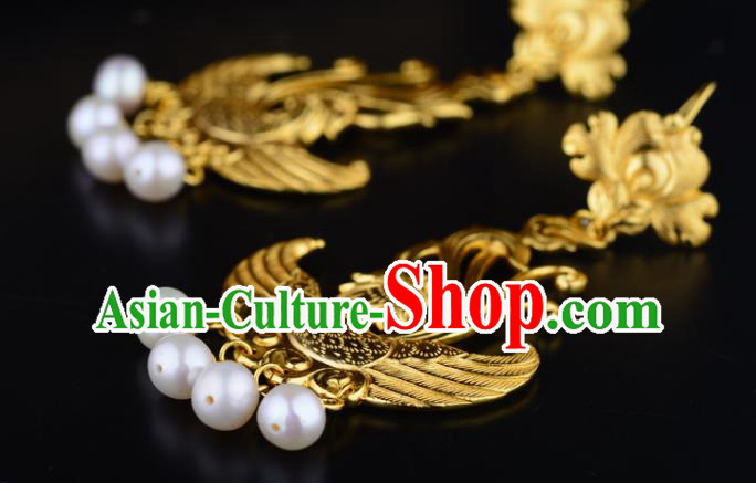 Chinese Traditional Tang Dynasty Pearls Tassel Earrings Ancient Queen Golden Phoenix Ear Accessories Chinese Traditional Tang Dynasty Pearls Tassel Earrings Ancient Queen Golden Phoenix Ear Accessories