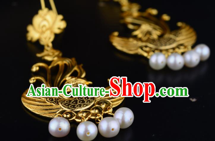 Chinese Traditional Tang Dynasty Pearls Tassel Earrings Ancient Queen Golden Phoenix Ear Accessories Chinese Traditional Tang Dynasty Pearls Tassel Earrings Ancient Queen Golden Phoenix Ear Accessories