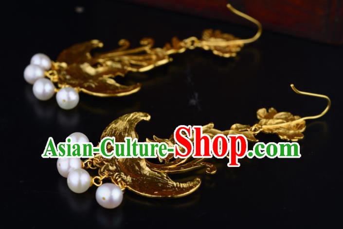 Chinese Traditional Tang Dynasty Pearls Tassel Earrings Ancient Queen Golden Phoenix Ear Accessories Chinese Traditional Tang Dynasty Pearls Tassel Earrings Ancient Queen Golden Phoenix Ear Accessories
