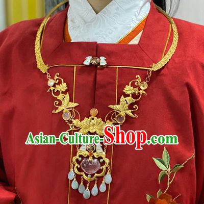 Chinese Ancient Empress Necklace Traditional Ming Dynasty Golden Lotus Necklet Jewelry
