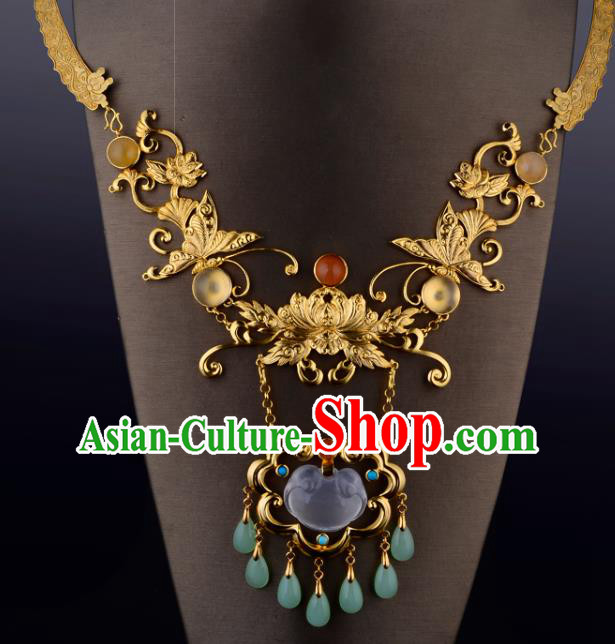 Chinese Ancient Empress Necklace Traditional Ming Dynasty Golden Lotus Necklet Jewelry Chinese Ancient Empress Necklace Traditional Ming Dynasty Golden Lotus Necklet Jewelry