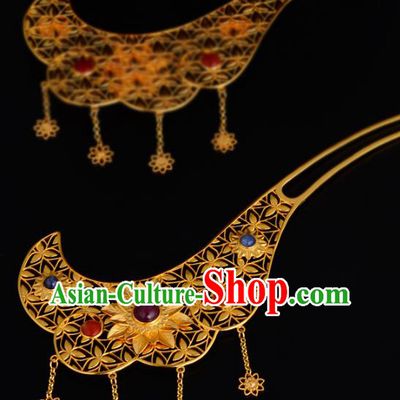 China Ancient Court Beauty Golden Hairpin Handmade Traditional Jin Dynasty Empress Hair Stick Headwear