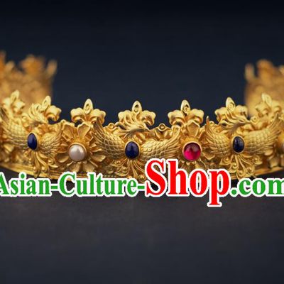 China Ancient Queen Golden Phoenix Coronet Handmade Traditional Ming Dynasty Empress Gems Hair Crown