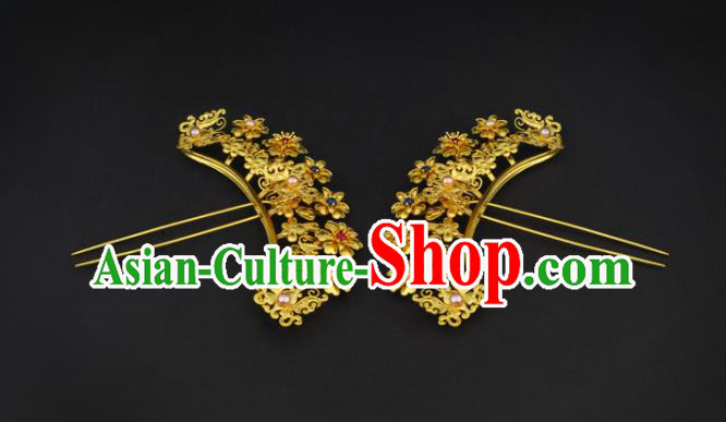 China Ancient Princess Golden Flowers Hairpin Handmade Traditional Ming Dynasty Pearls Gems Hair Stick China Ancient Princess Golden Flowers Hairpin Handmade Traditional Ming Dynasty Pearls Gems Hair Stick