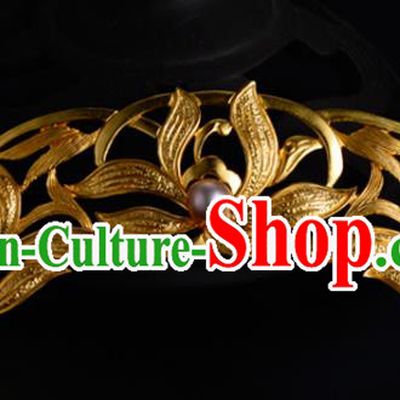 China Ancient Palace Lady Pearls Hairpin Handmade Traditional Ming Dynasty Princess Golden Orchids Hair Crown