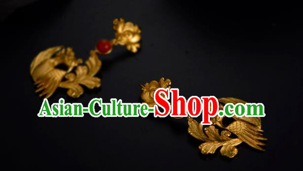 Chinese Traditional Ming Dynasty Agate Earrings Ancient Court Lady Golden Phoenix Ear Accessories Chinese Traditional Ming Dynasty Agate Earrings Ancient Court Lady Golden Phoenix Ear Accessories