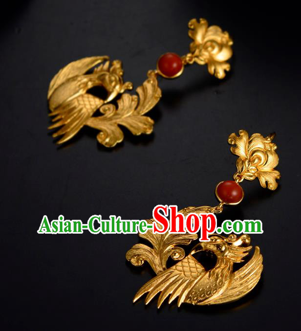 Chinese Traditional Ming Dynasty Agate Earrings Ancient Court Lady Golden Phoenix Ear Accessories Chinese Traditional Ming Dynasty Agate Earrings Ancient Court Lady Golden Phoenix Ear Accessories