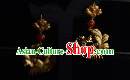 Chinese Traditional Ming Dynasty Agate Earrings Ancient Court Lady Golden Phoenix Ear Accessories Chinese Traditional Ming Dynasty Agate Earrings Ancient Court Lady Golden Phoenix Ear Accessories