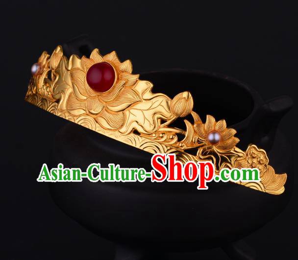 China Ancient Empress Ruby Hairpin Handmade Traditional Ming Dynasty Golden Lotus Hair Crown China Ancient Empress Ruby Hairpin Handmade Traditional Ming Dynasty Golden Lotus Hair Crown