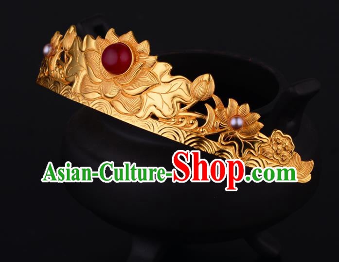 China Ancient Empress Ruby Hairpin Handmade Traditional Ming Dynasty Golden Lotus Hair Crown China Ancient Empress Ruby Hairpin Handmade Traditional Ming Dynasty Golden Lotus Hair Crown
