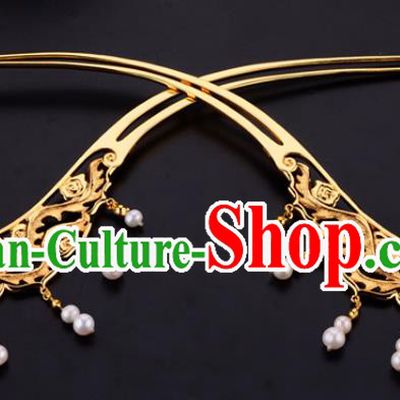 China Ancient Queen Golden Phoenix Hairpin Handmade Traditional Ming Dynasty Pearls Hair Stick