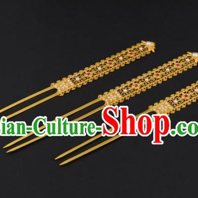 China Ancient Imperial Consort Golden Hairpin Handmade Traditional Tang Dynasty Court Hair Stick