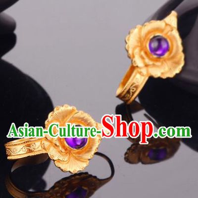 Chinese Traditional Ming Dynasty Golden Peony Earrings Ancient Empress Amethyst Ear Accessories