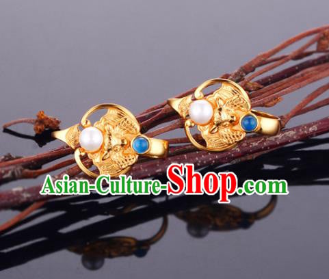 Chinese Traditional Ming Dynasty Queen Golden Bat Earrings Ancient Empress Pearl Ear Accessories