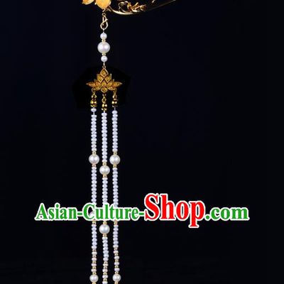 China Ancient Palace Lady Pearls Tassel Hairpin Handmade Traditional Ming Dynasty Princess Golden Lotus Hair Clip