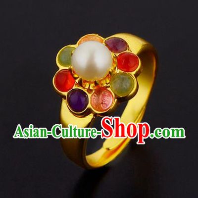 Handmade Chinese Ming Dynasty Court Gems Ring Accessories Traditional Hanfu Golden Circlet Jewelry
