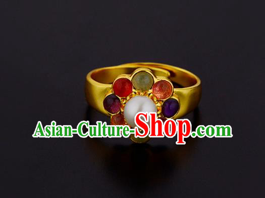 Handmade Chinese Ming Dynasty Court Gems Ring Accessories Traditional Hanfu Golden Circlet Jewelry Handmade Chinese Ming Dynasty Court Gems Ring Accessories Traditional Hanfu Golden Circlet Jewelry