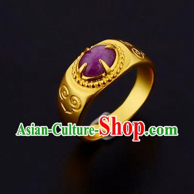 Handmade Chinese Traditional Hanfu Golden Circlet Jewelry Ming Dynasty Court Amethyst Ring Accessories