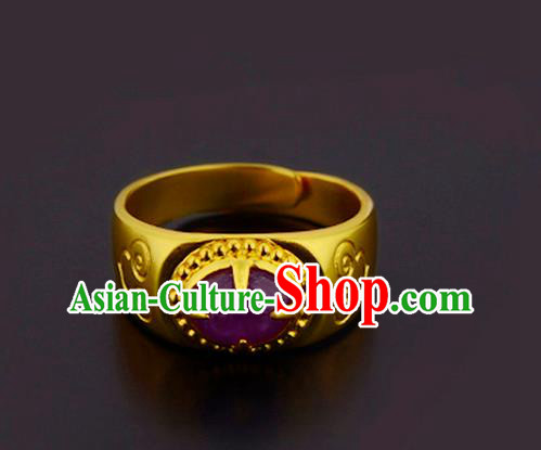 Handmade Chinese Traditional Hanfu Golden Circlet Jewelry Ming Dynasty Court Amethyst Ring Accessories