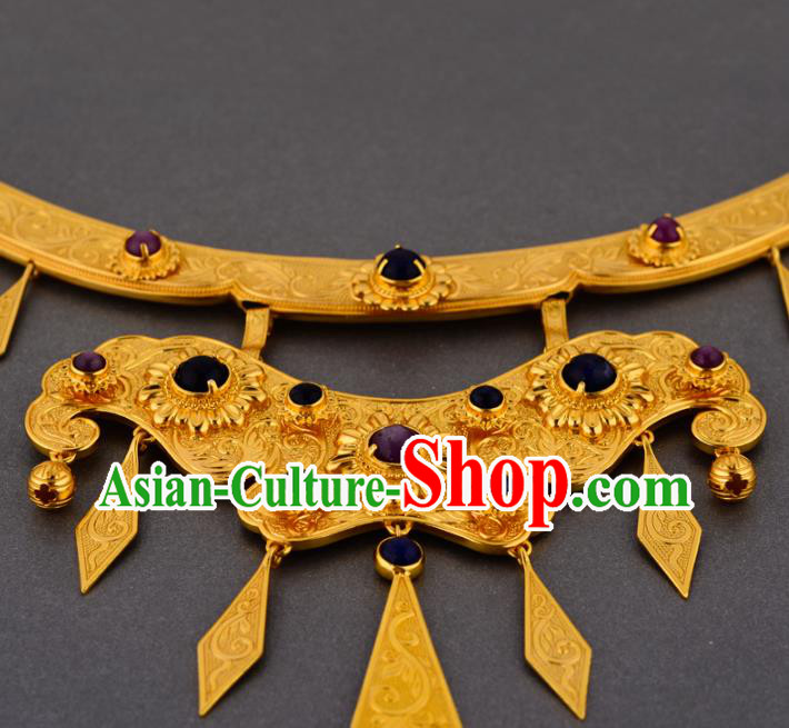 Handmade Chinese Traditional Hanfu Golden Necklet Jewelry Sui Dynasty Princess Gems Necklace Accessories Handmade Chinese Traditional Hanfu Golden Necklet Jewelry Sui Dynasty Princess Gems Necklace Accessories