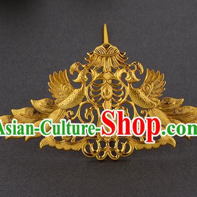 China Ancient Court Woman Hairpin Handmade Traditional Tang Dynasty Empress Golden Phoenix Hair Crown