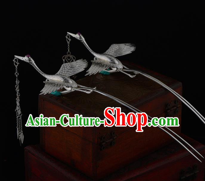 China Ancient Princess Hairpin Handmade Traditional Ming Dynasty Silver Crane Tassel Hair Stick China Ancient Princess Hairpin Handmade Traditional Ming Dynasty Silver Crane Tassel Hair Stick
