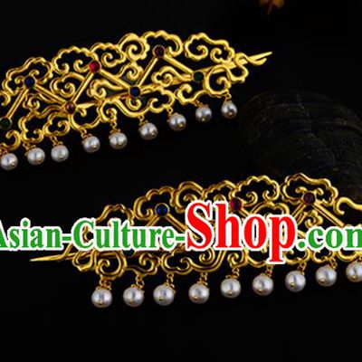 China Ancient Empress Pearls Hairpin Handmade Traditional Ming Dynasty Imperial Consort Golden Hair Stick
