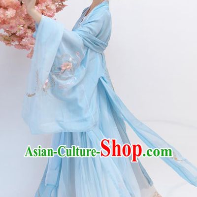 China Ancient Goddess Blue Hanfu Dress Clothing Traditional Song Dynasty Nobility Lady Historical Costumes