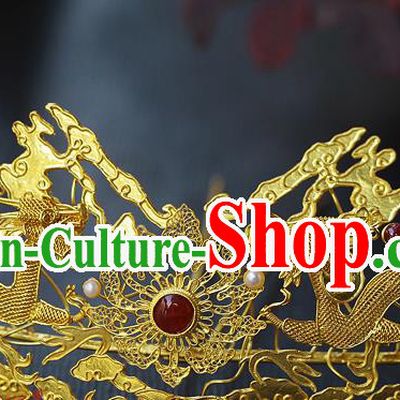 China Ancient Empress Agate Hairpin Handmade Traditional Ming Dynasty Golden Dragons Hair Crown