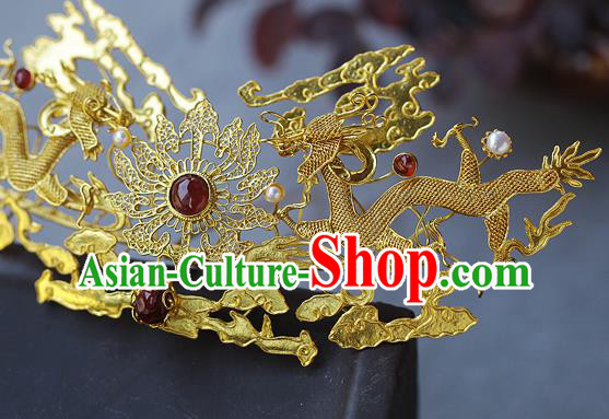 China Ancient Empress Agate Hairpin Handmade Traditional Ming Dynasty Golden Dragons Hair Crown China Ancient Empress Agate Hairpin Handmade Traditional Ming Dynasty Golden Dragons Hair Crown
