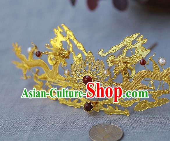 China Ancient Empress Agate Hairpin Handmade Traditional Ming Dynasty Golden Dragons Hair Crown China Ancient Empress Agate Hairpin Handmade Traditional Ming Dynasty Golden Dragons Hair Crown