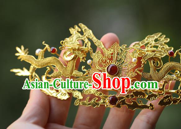 China Ancient Empress Agate Hairpin Handmade Traditional Ming Dynasty Golden Dragons Hair Crown China Ancient Empress Agate Hairpin Handmade Traditional Ming Dynasty Golden Dragons Hair Crown