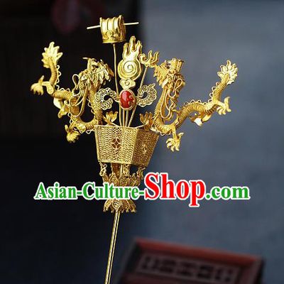 China Ancient King Hairpin Handmade Traditional Ming Dynasty Emperor Golden Dragons Hair Stick