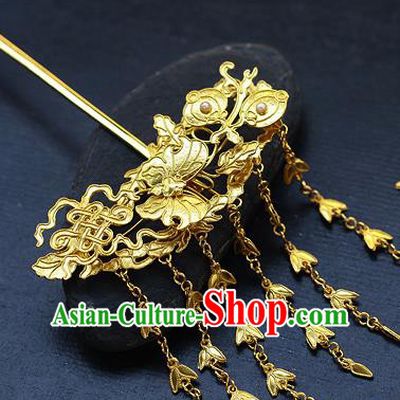 China Ancient Court Lady Hairpin Handmade Traditional Ming Dynasty Empress Golden Butterfly Tassel Hair Stick