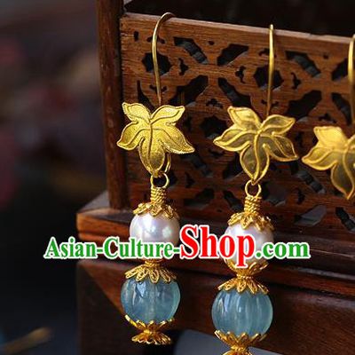 Chinese Traditional Qing Dynasty Court Earrings Ancient Imperial Consort Aquamarine Ear Accessories