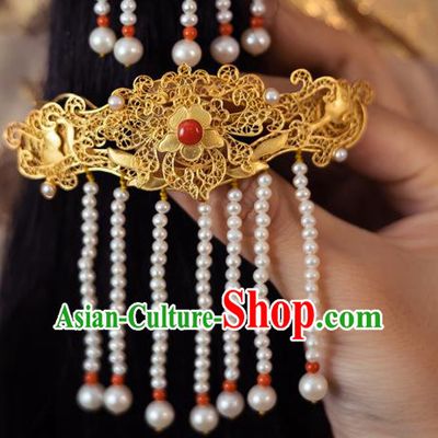 China Ancient Princess Pearls Tassel Hairpin Handmade Traditional Ming Dynasty Filigree Hair Stick
